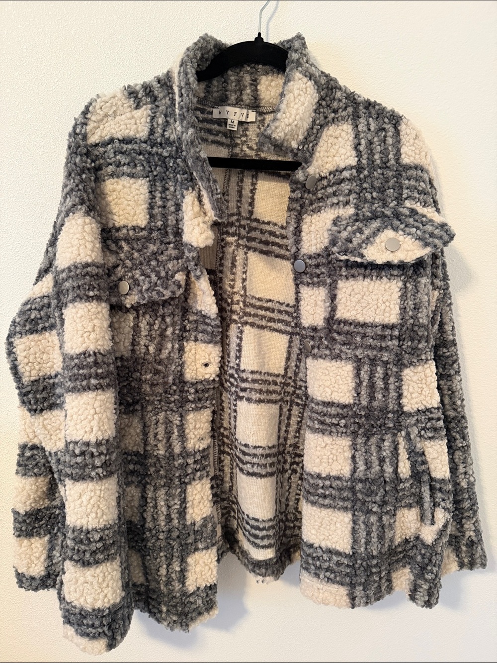 HYFVE Cream and Gray Plaid Teddy Shacket